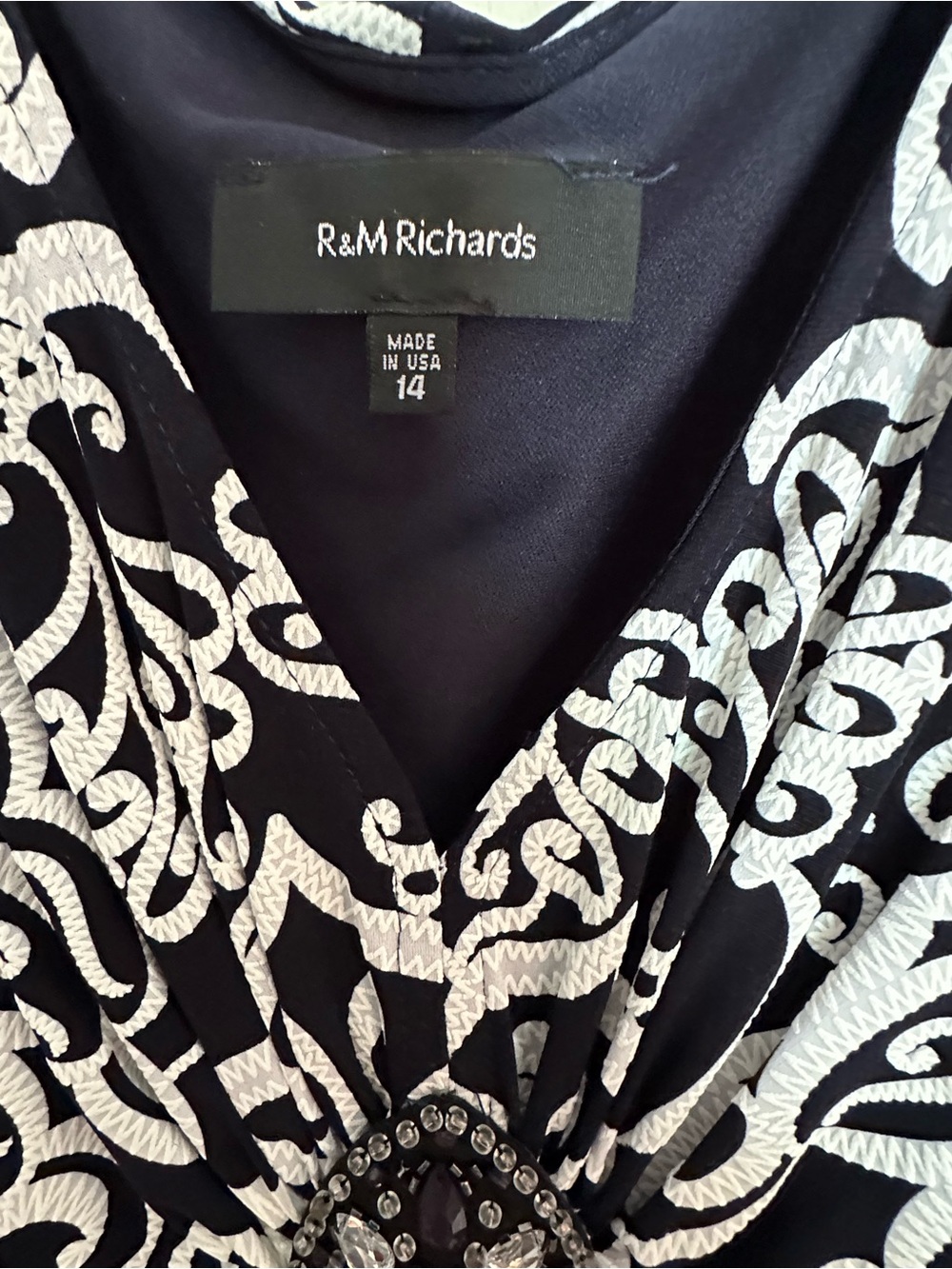R&M Richards Black & White V-Neck Dress with Jeweled Waist - Picture 3 of 4